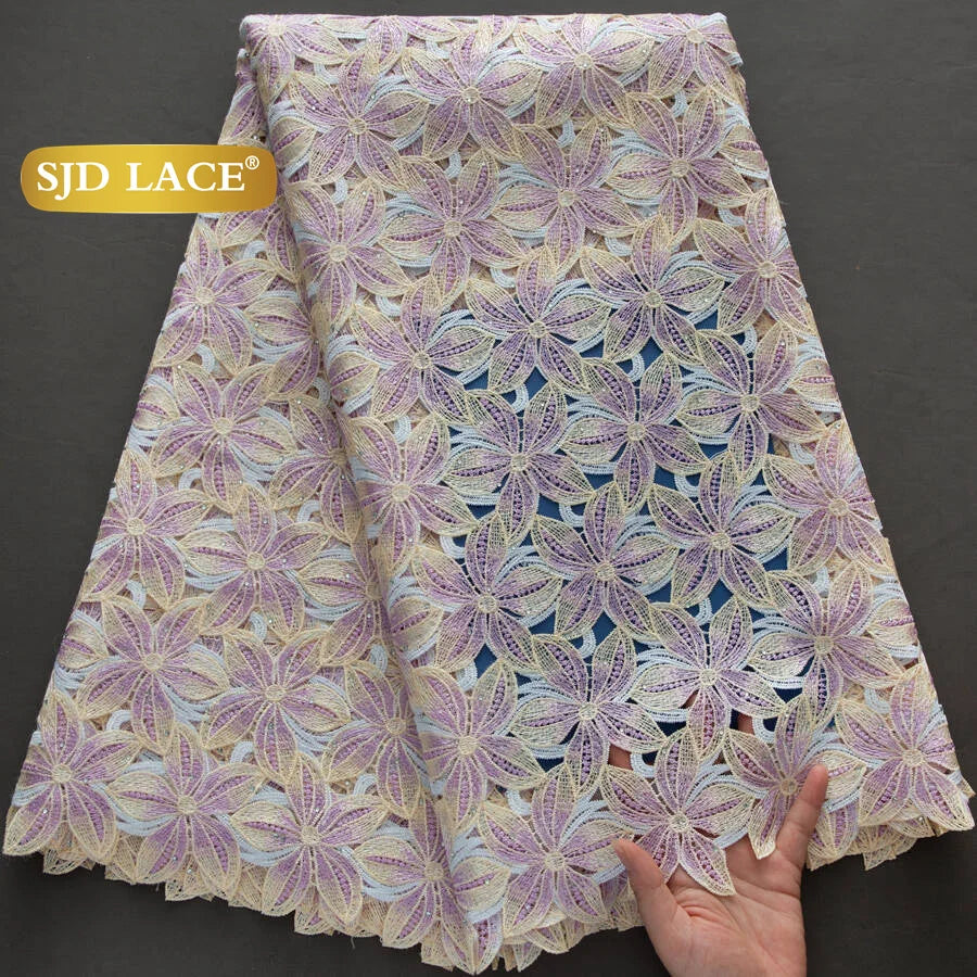 SJD LACE Nigerian Water Soluble Lace Fabric Tricolor Color Embroidered African Guipure Floral Lace for Sewing Wedding Party Evening Dress US Shipping 4632