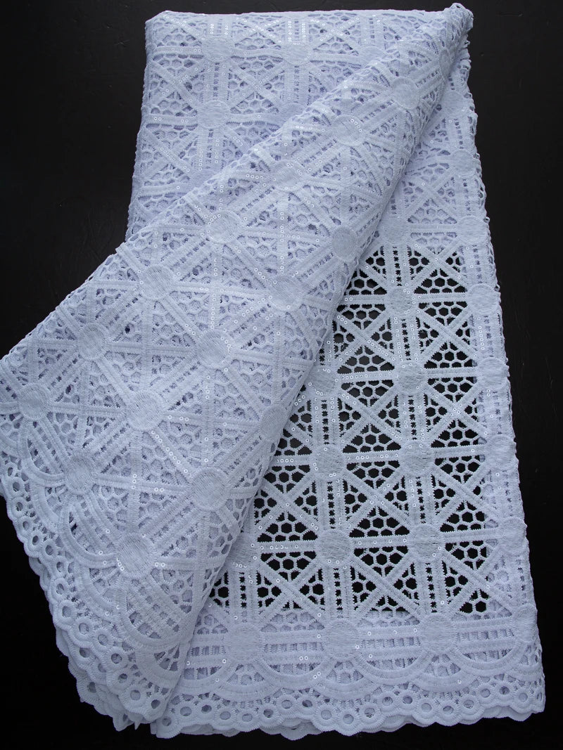 Pure White Nigerian Guipure Lace Fabric Water Soluble African Sequin Cord