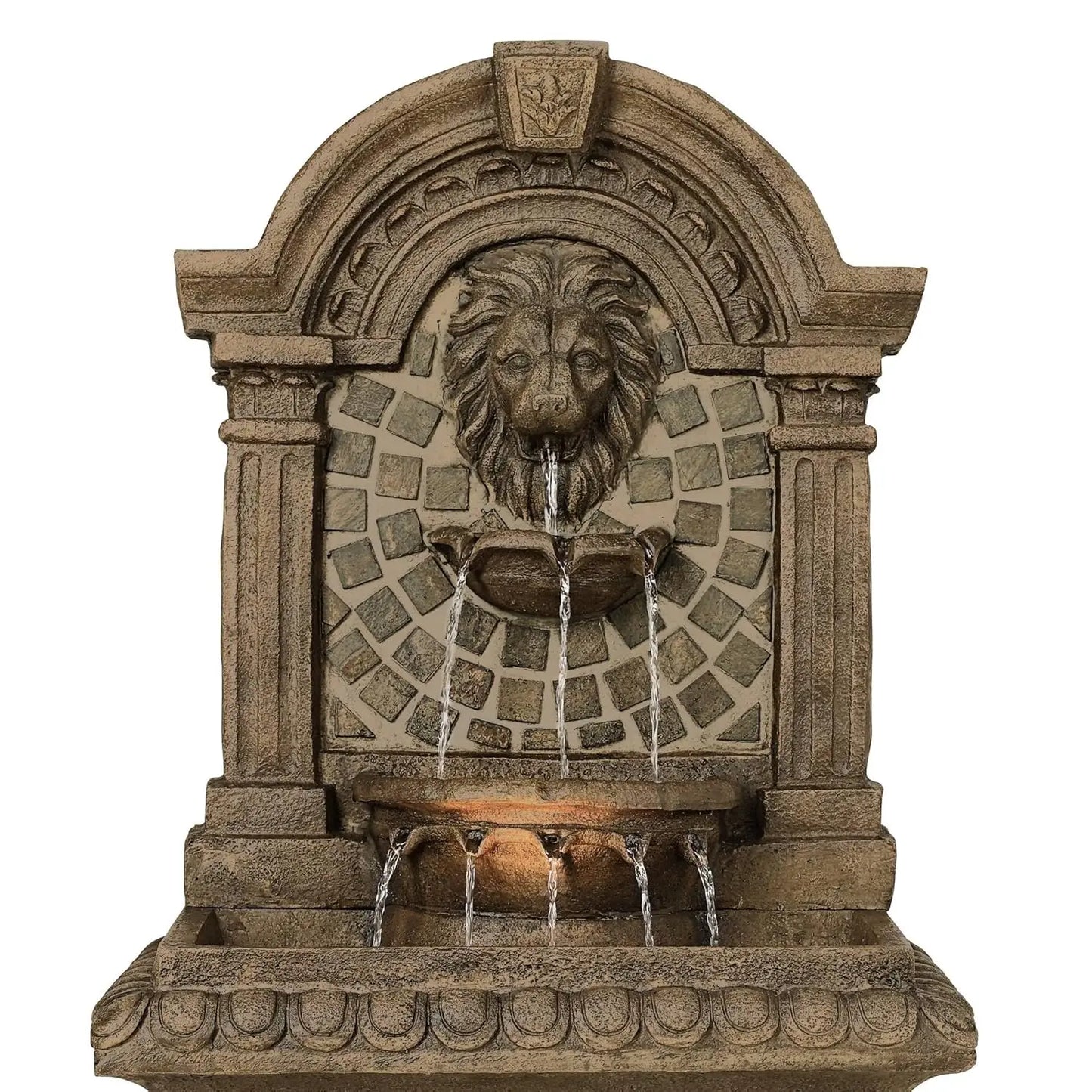 51" Tall Faux Stone Tiered Floor Fountain with LED Light, Garden Patio Yard Outdoor Water Feature, Customized