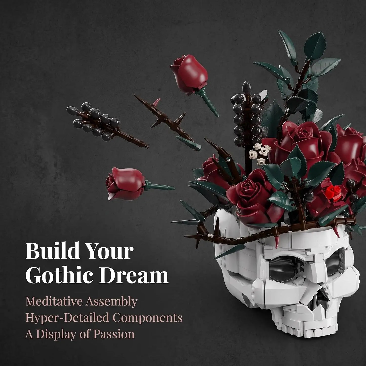 Gothtic Skull Flowers Roses Building Blocks Set for Adults, Horror Skeleton with Red Bouquet Botanical Collection Home Art Decor Gift for Women Girls Halloween Valentine's Day for Adult 1107pcs