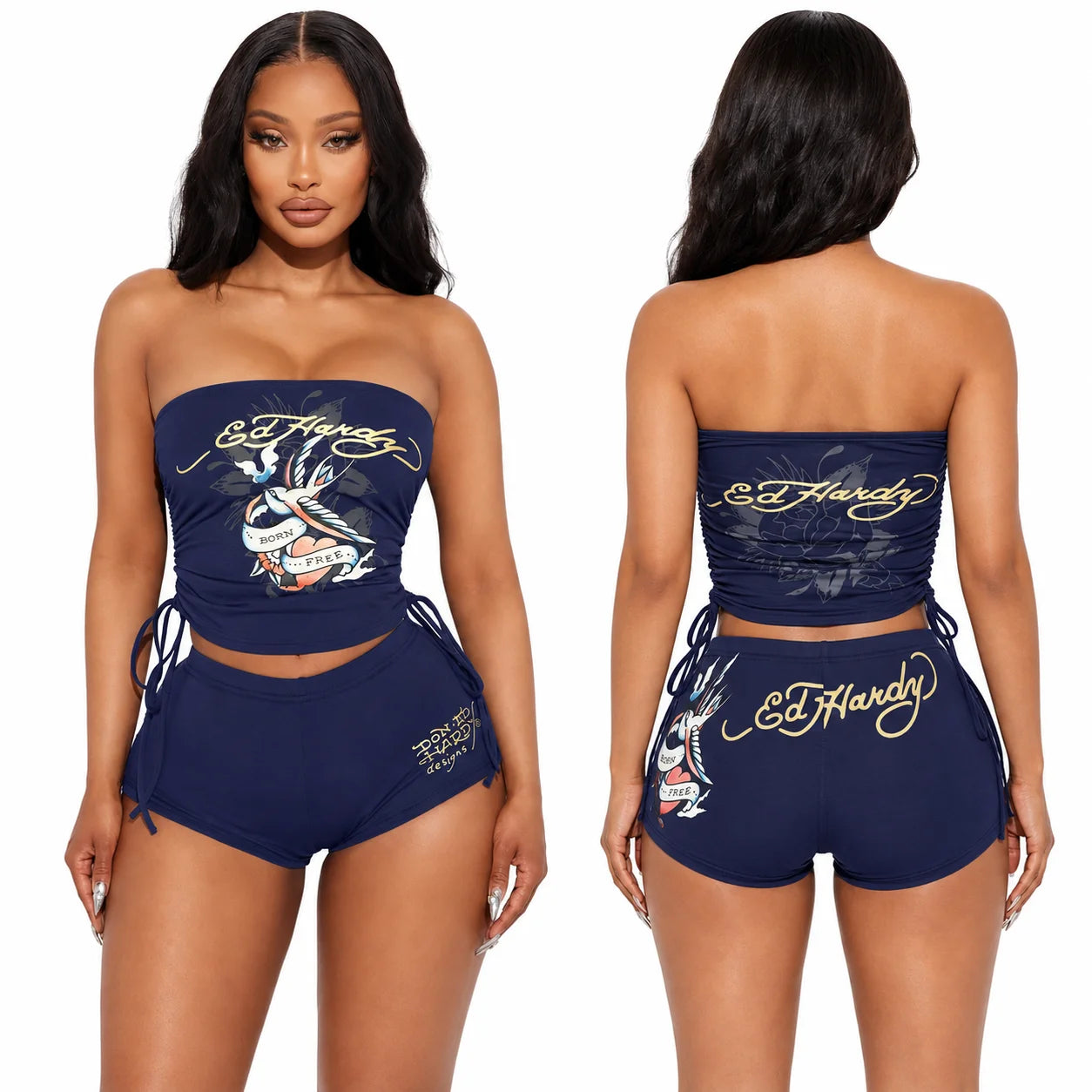 English: Women 2 Piece Y2K Outfits Vintage Tattoo Graphic Strapless Tube Top High Cut Shorts Set Adjustable Drawstring Ruched Crop Top Casual Going Out Tracksuit