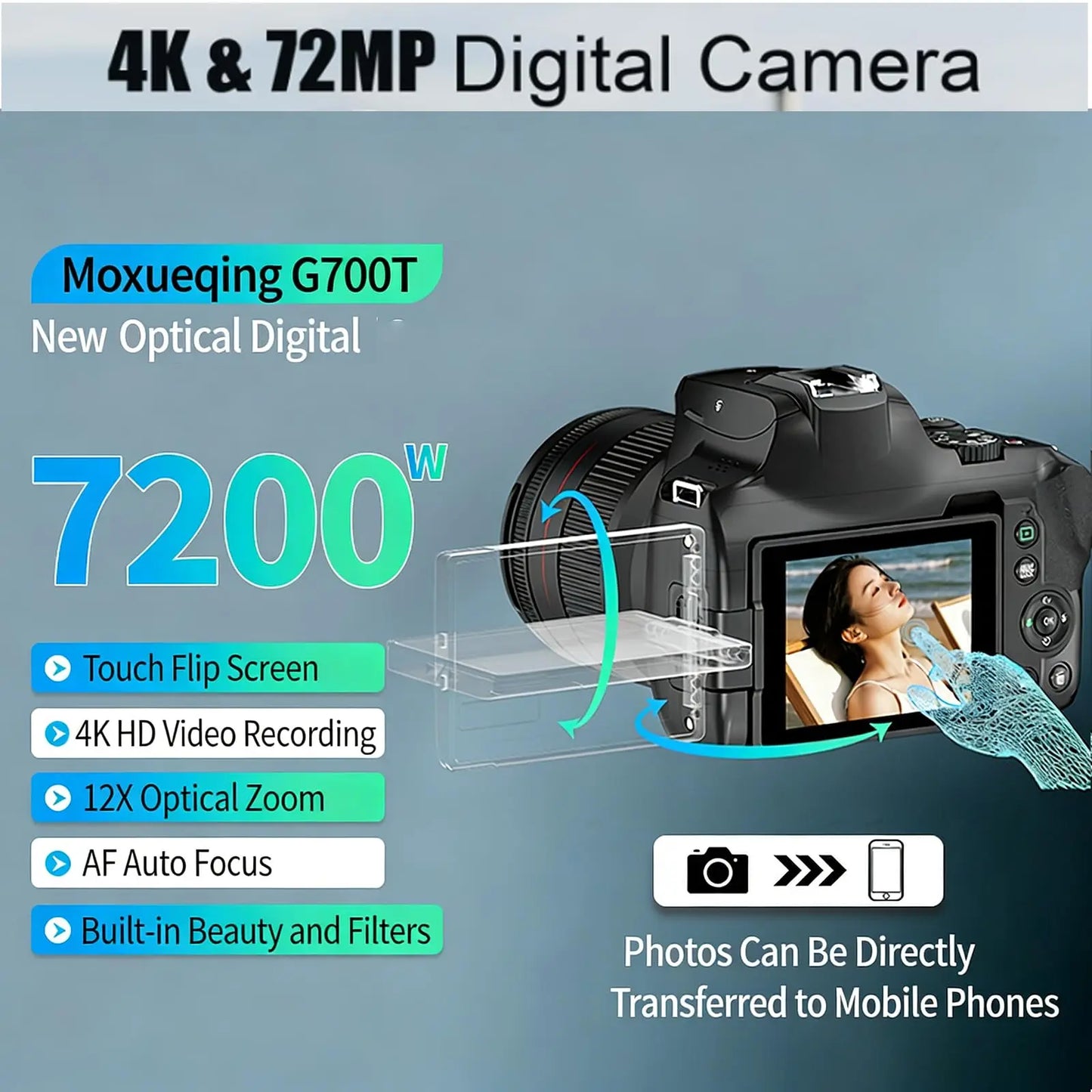 4K Digital Cameras for Photography & Vlogging,72MP WiFi Touch Screen Vlogging Camera,4K Video Camera,12X Optical Zoom,with Flash