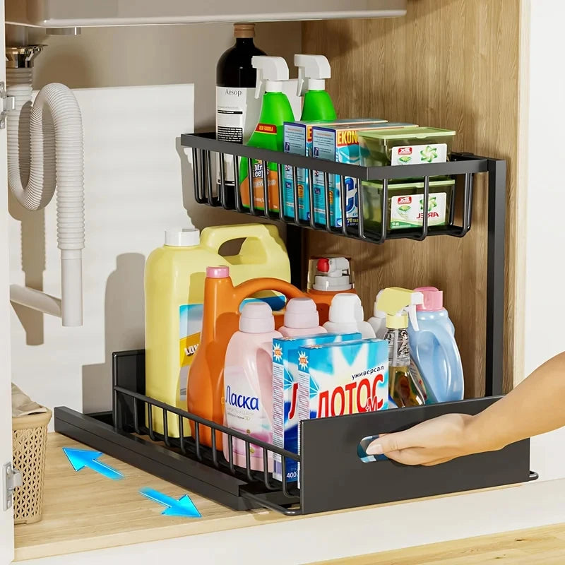 2026 New Organizador de Cocina 2-Tier Sliding Under Sink Organizer Rustproof Metal Storage for Kitchen Bathroom Cabinets Cleanin