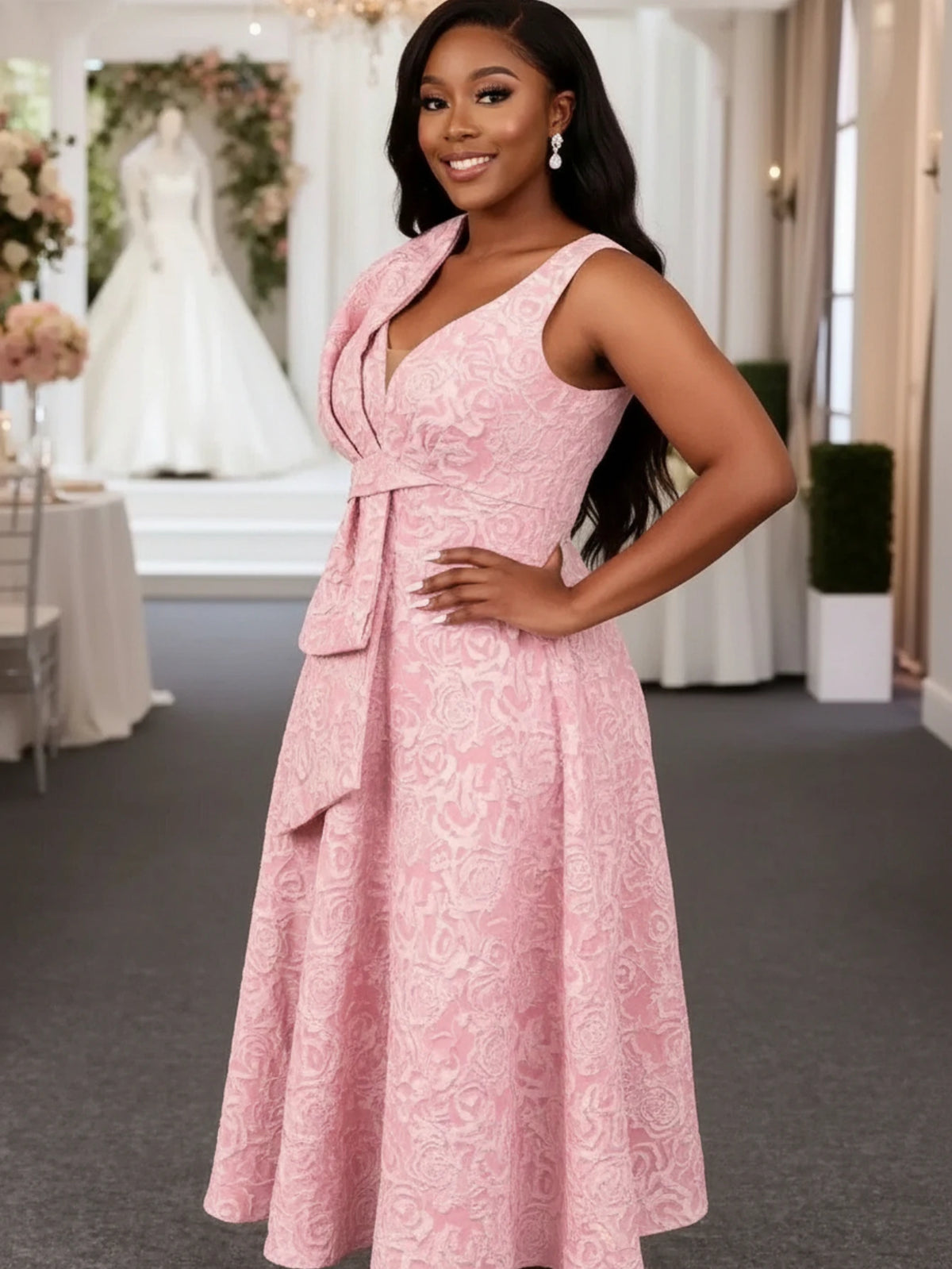 Women Plus Size V Neck Sleeveless Big Bow Decor Midi Dress Elegant A Line Flared Dress For Wedding Guest Formal Occasion