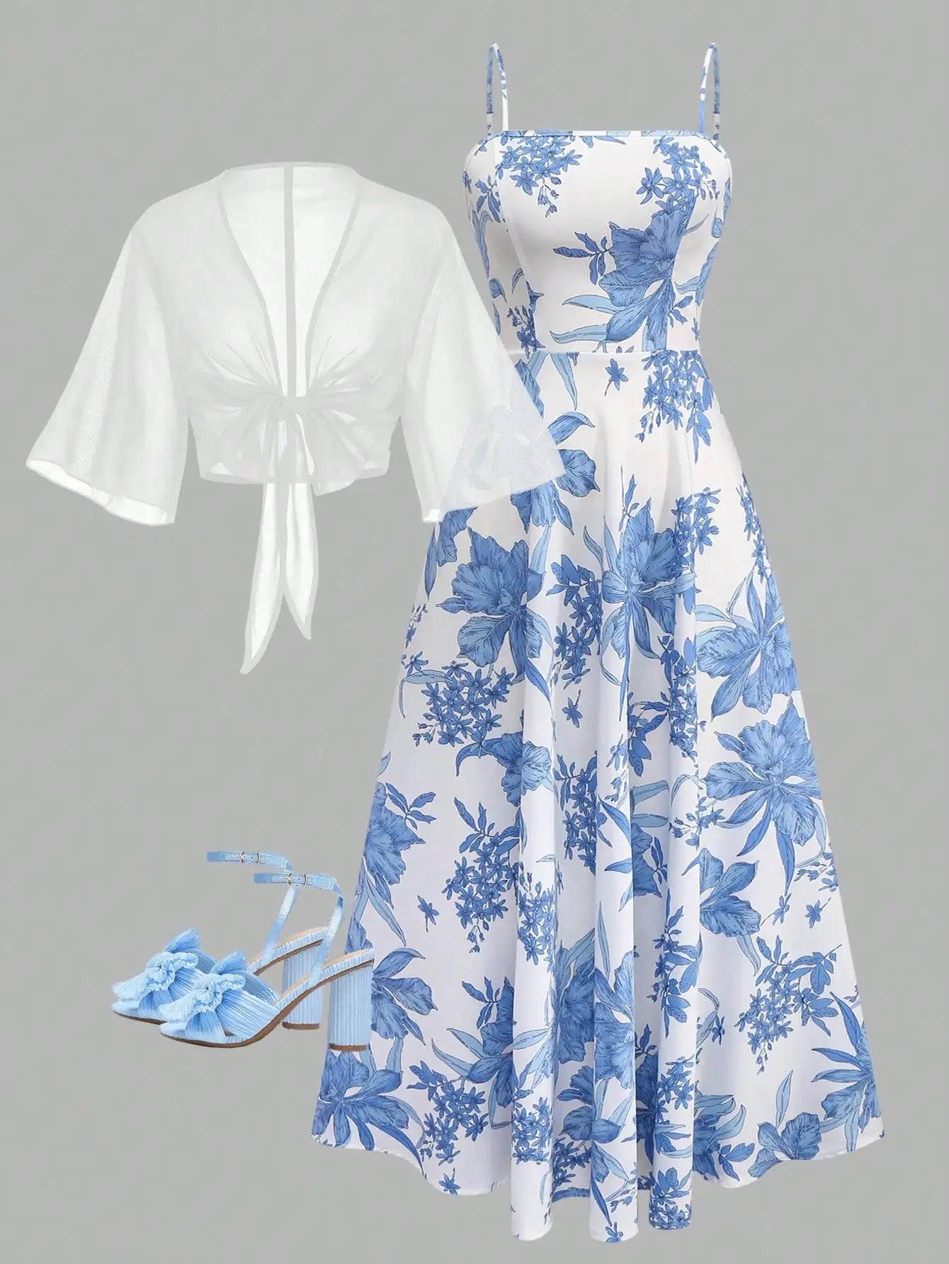 2 Pieces Women's Floral Chiffon Dress Elegant Romantic Date Outfit Spring Summer