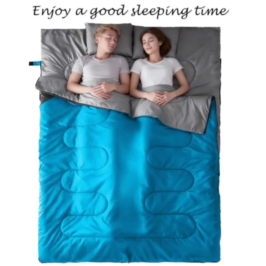 Double Sleeping Bag Sleeping Bag with 2 Pillows Queen Size XL Bag for 2 People Cold Warm Weather- 3 Seasons Waterproof Adults f