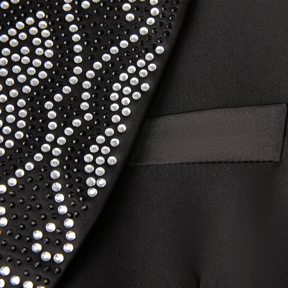 Men Black 2 Pieces Tuxedo Suit Silver Rhinestone Embroidery Shawl Lapel Double Breasted Blazer Pants Set Wedding Groom Prom Party Formal Suit