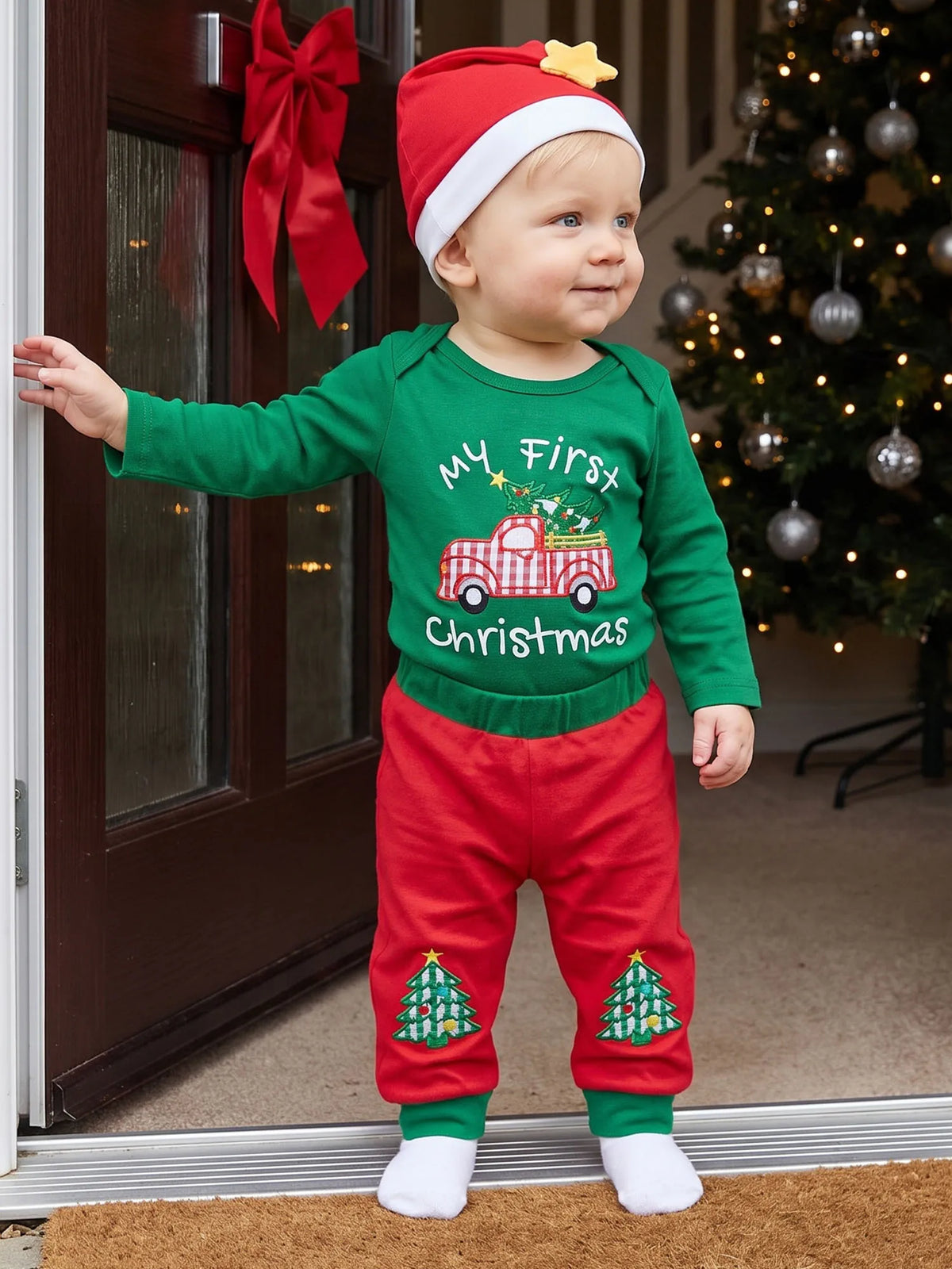 Neck Long Outfit Romper Pants Crew Sleeve Romper Hat 3 3 Pcs Set Crew Neck Top Rated Baby Christmas Outfit