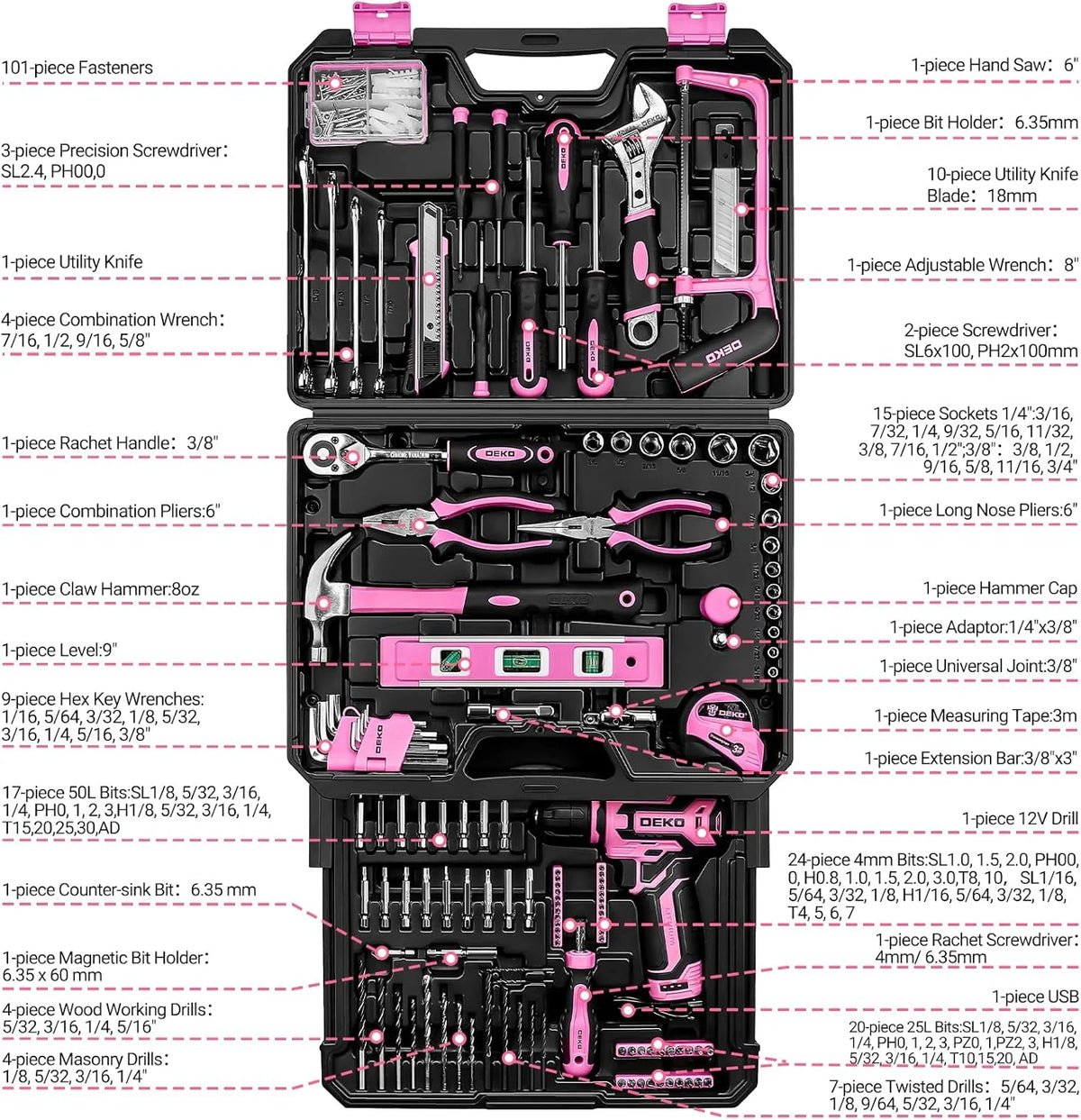 DEKO Home Mechanic Toolbox With Cordless Drill And Repair Tools