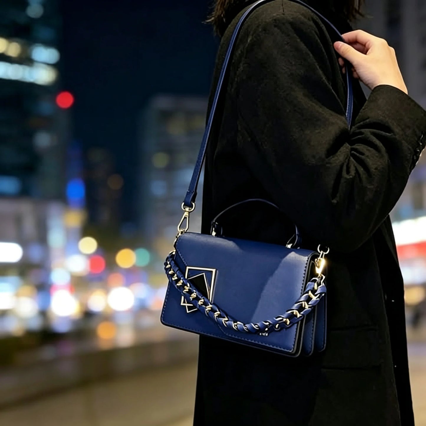 Women Small Square Handbag PU Leather Chain Shoulder Crossbody Bag Geometric Metal Lock Flap Top‑Handle Purse For Daily Work Shopping