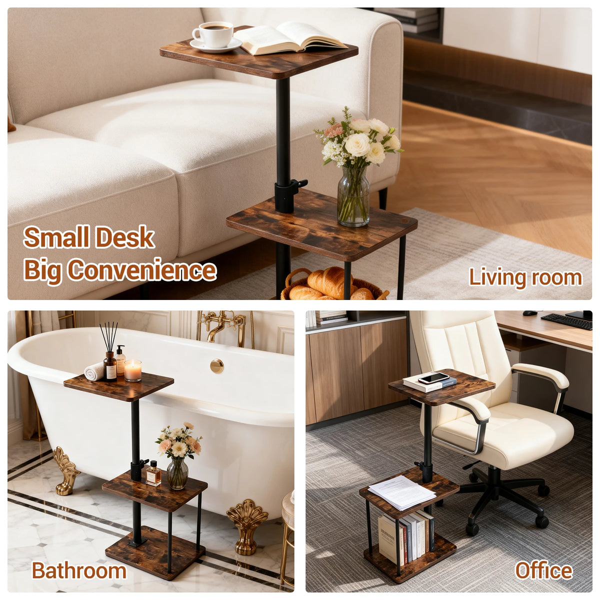 Adjustable Height 360° Swivel C Shaped Side Table With 3 Tier Storage, Space Saving Sofa Bed Laptop Table, Home Office Bedroom