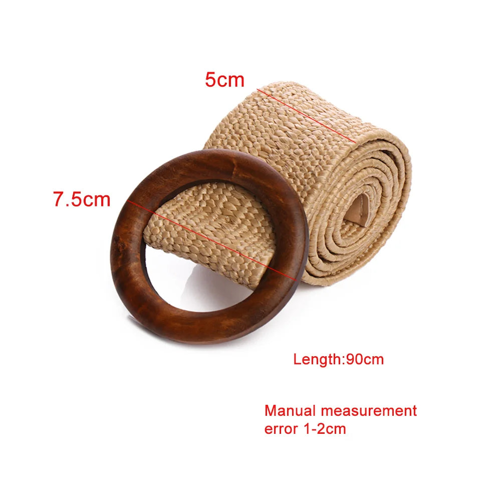 Women Straw Belt With Wooden Buckle And Elastic Waist Chain