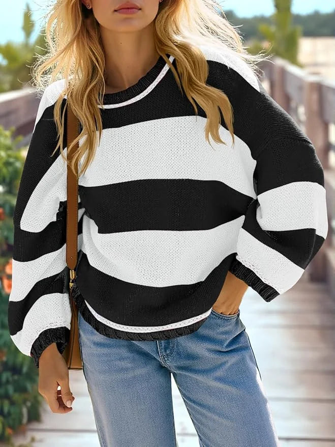 Fisoew Womens Oversized Sweaters Casual Long Sleeve Striped Color Block Crewneck Knitted Loose Fall Pullover Tops