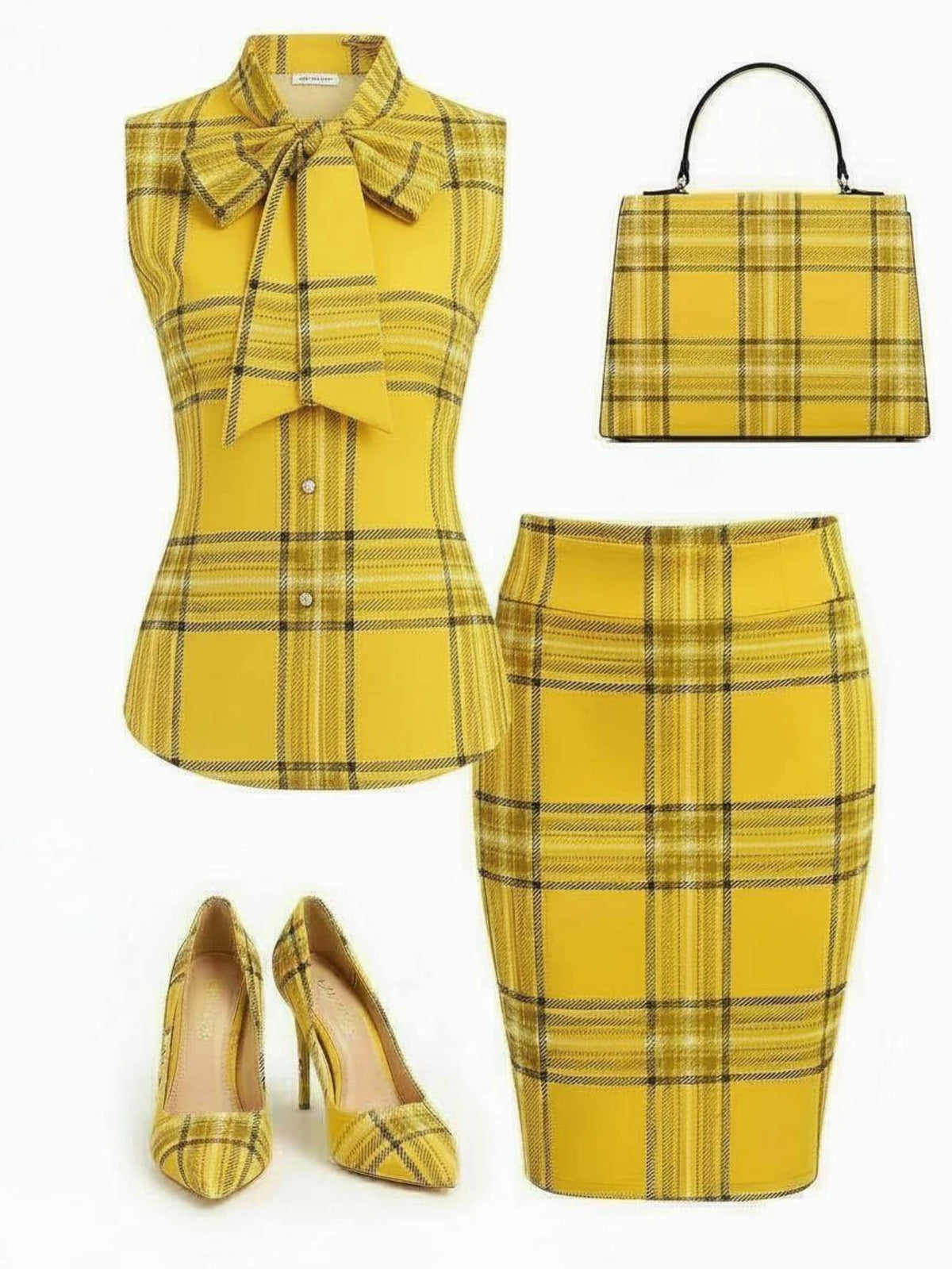 Women Bow‑Knot Stand Collar Sleeveless Plaid Top And High Waist Pencil Skirt Two‑Piece Outfit Business Office Casual Matching Suit