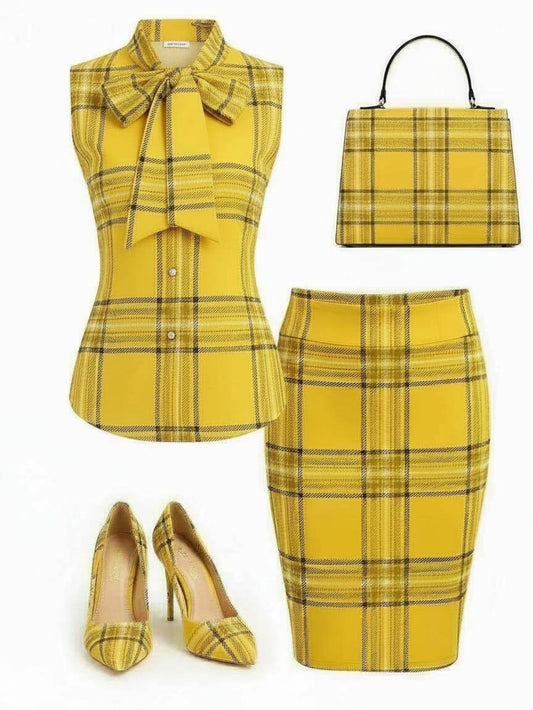 Women Bow‑Knot Stand Collar Sleeveless Plaid Top And High Waist Pencil Skirt Two‑Piece Outfit Business Office Casual Matching Suit