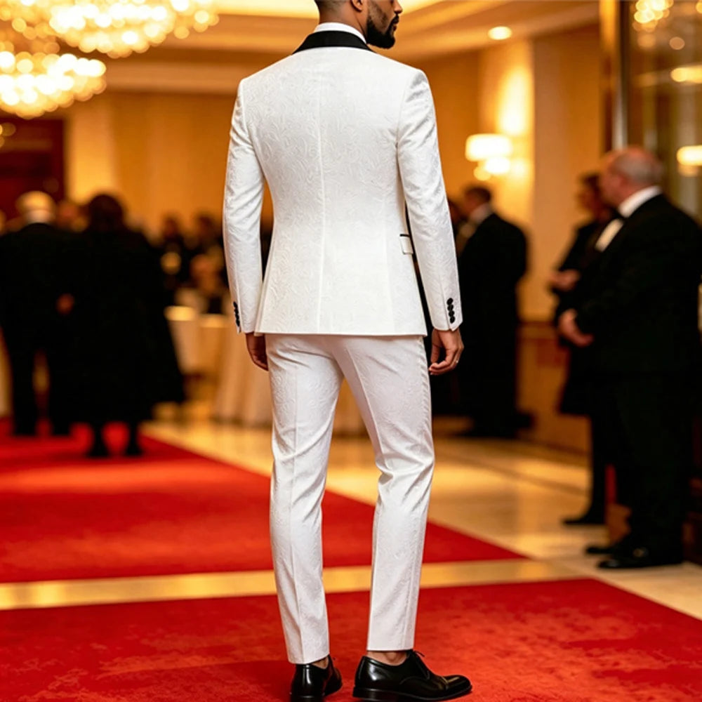 Men Double Breasted White Jacquard Tuxedo 2PCS Black Satin Shawl Lapel Suit Jacket Pants Formal Prom Banquet Wedding Groom Outfit