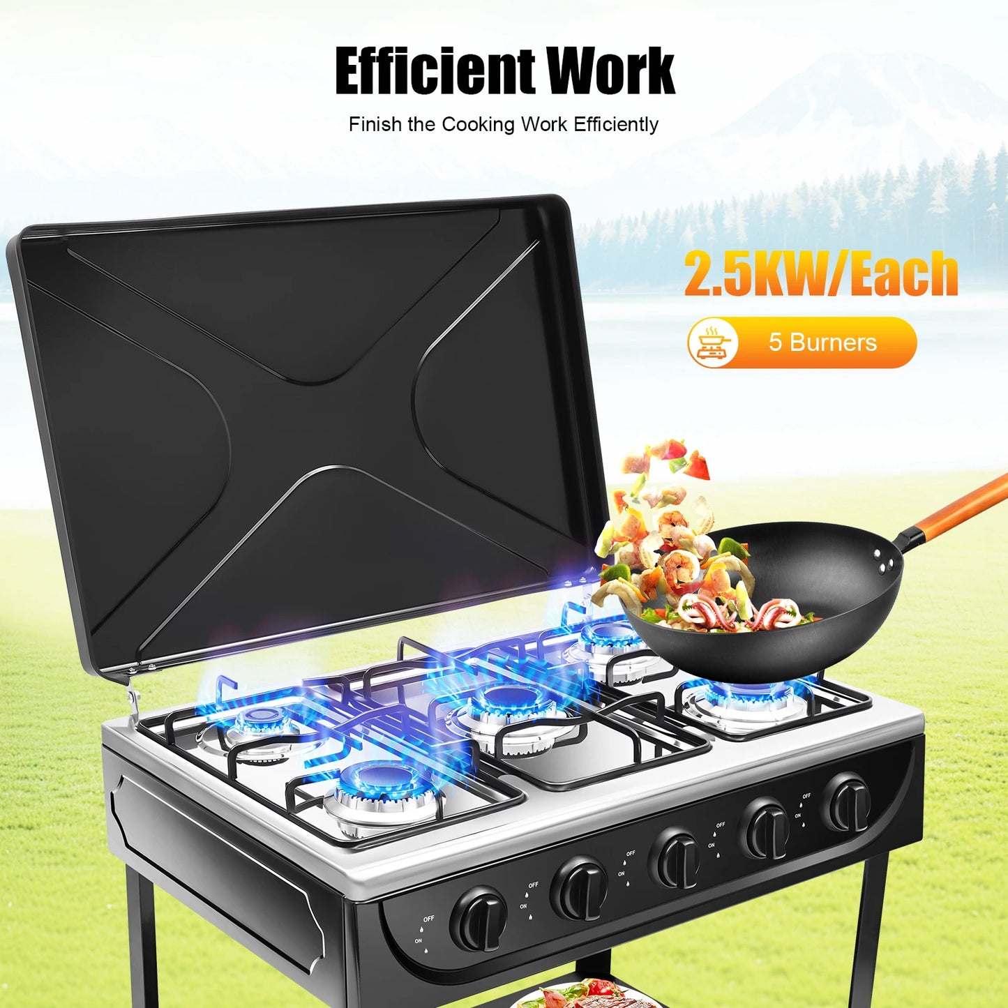 Outdoor 5 Burner Gas Stove With Manual Ignition And Boards