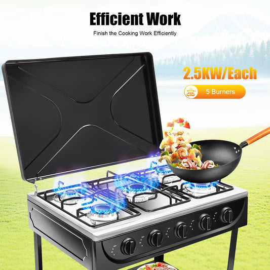 Outdoor 5 Burner Gas Stove With Manual Ignition And Boards
