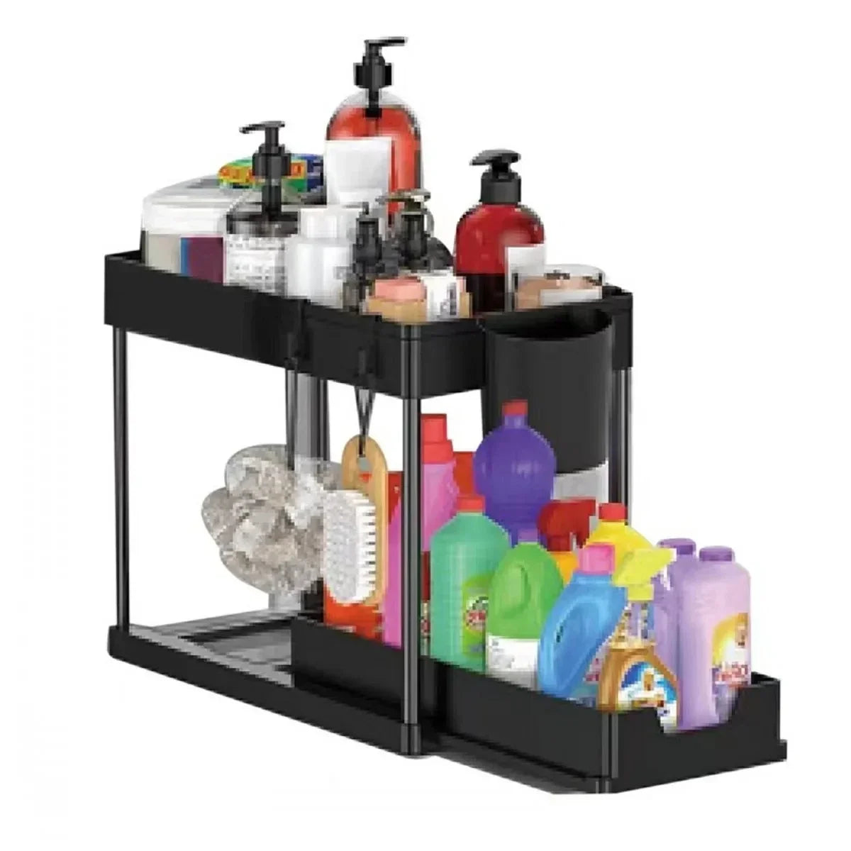 Two Tier Under Sink Sliding Cabinet Organizer Rack With Hooks