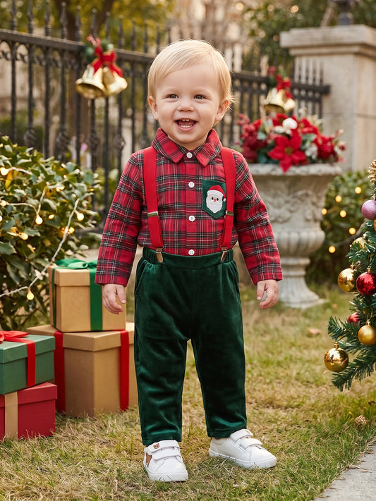 Sleeve Shirt Toddler Boy Christmas Velvet Velvet-Suspender-Pants Long Sleeve Shirt Boy Pants Velvet Premium