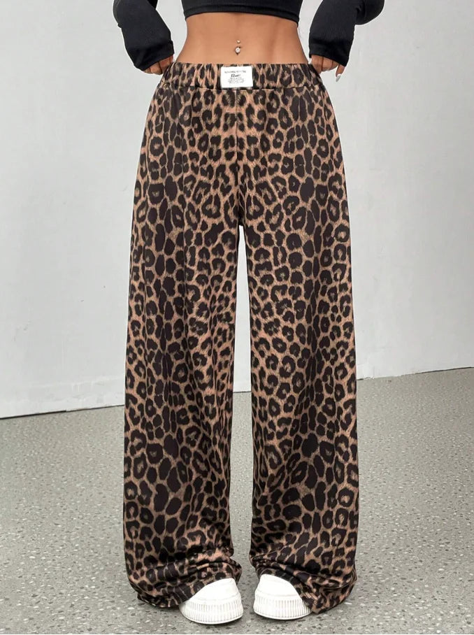 Women Leopard Print Wide Leg Pants Elastic High Waist Loose Casual Trousers Streetwear Y2K Fashion Long Palazzo Pants