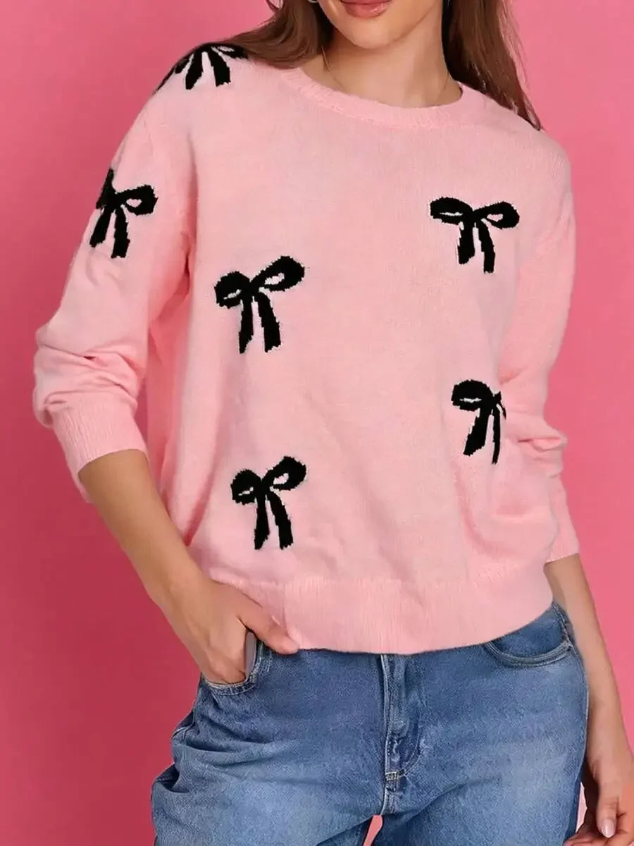 Womens Knit Sweater Long Sleeve Round Neck Bow Decorated Loose Fit Pullover