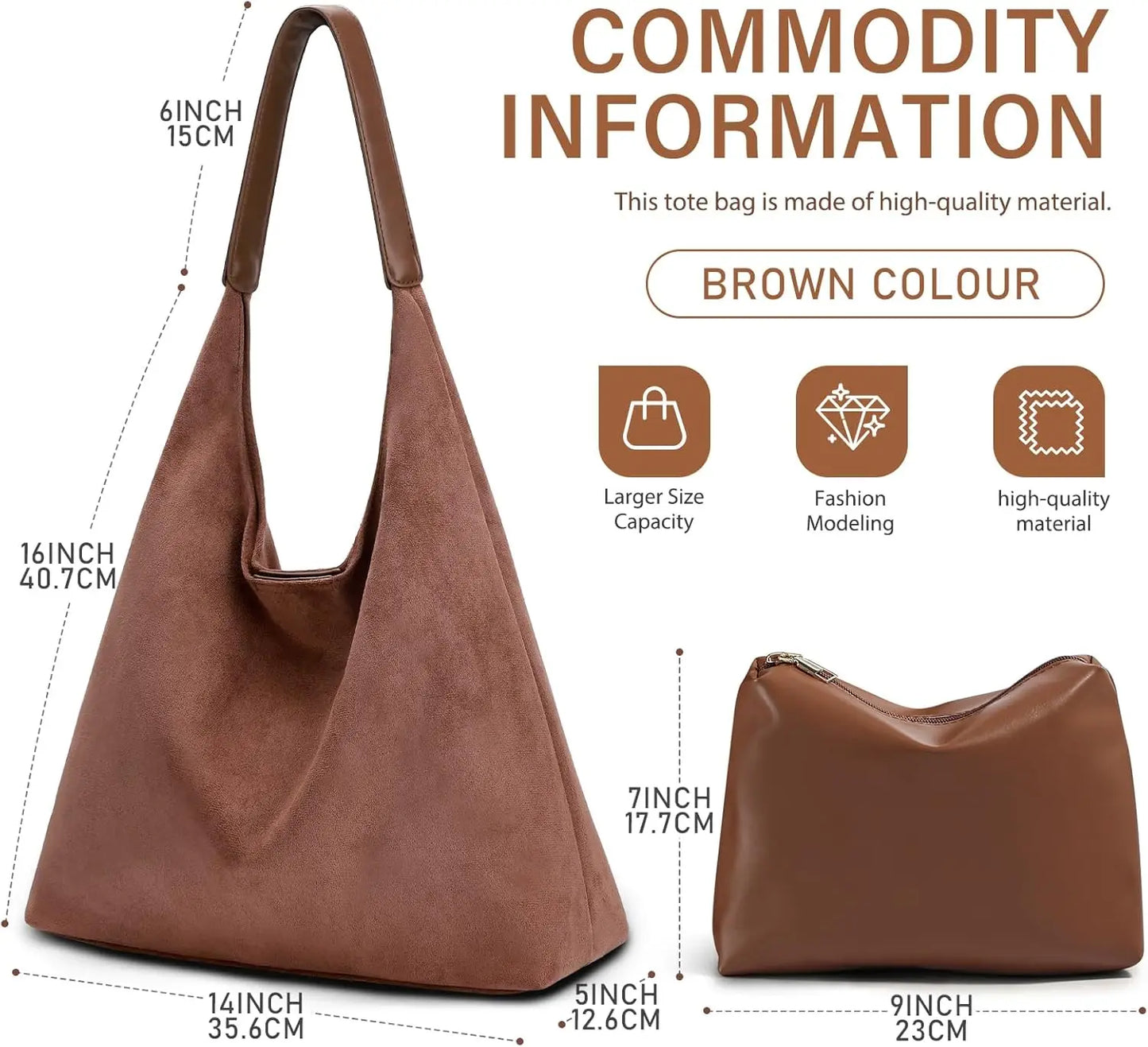 Vintage Suede Tote Bag For Women With Zippered Cosmetic Organizer