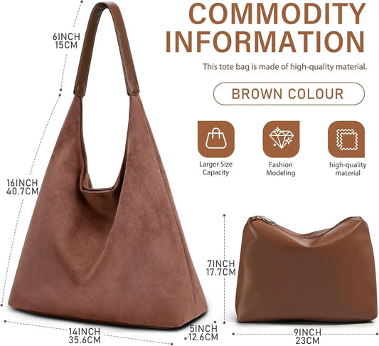 Vintage Suede Tote Bag For Women With Zippered Cosmetic Organizer
