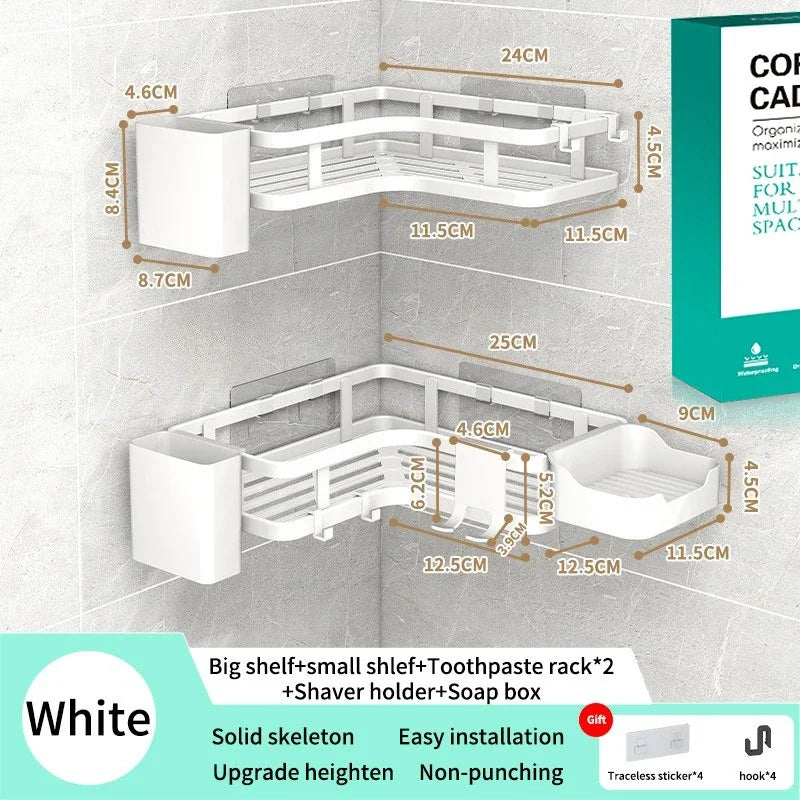 Six Piece Double Layer Aluminum Corner Shelf No Drilling Wall Mounted Organizer