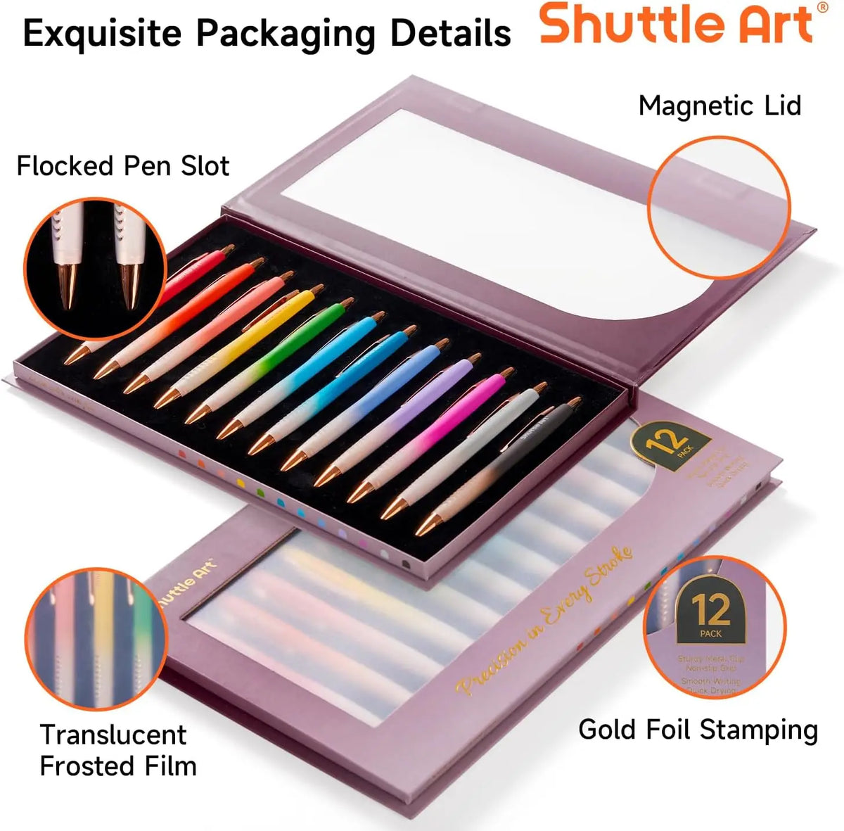 Shuttle Art Fancy Pens Gift Set, 12 Pack Colored Retractable Black Ink Ballpoint Pens, Cute Pens 1.0mm Medium Point Waterproof Elegant Gift Set for Writing Journaling Note Taking School Office Home