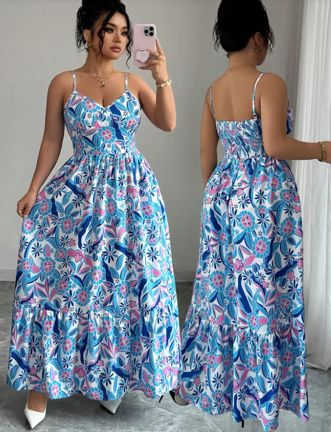 Women Elegant Floral Polyester Camisole Casual Dress