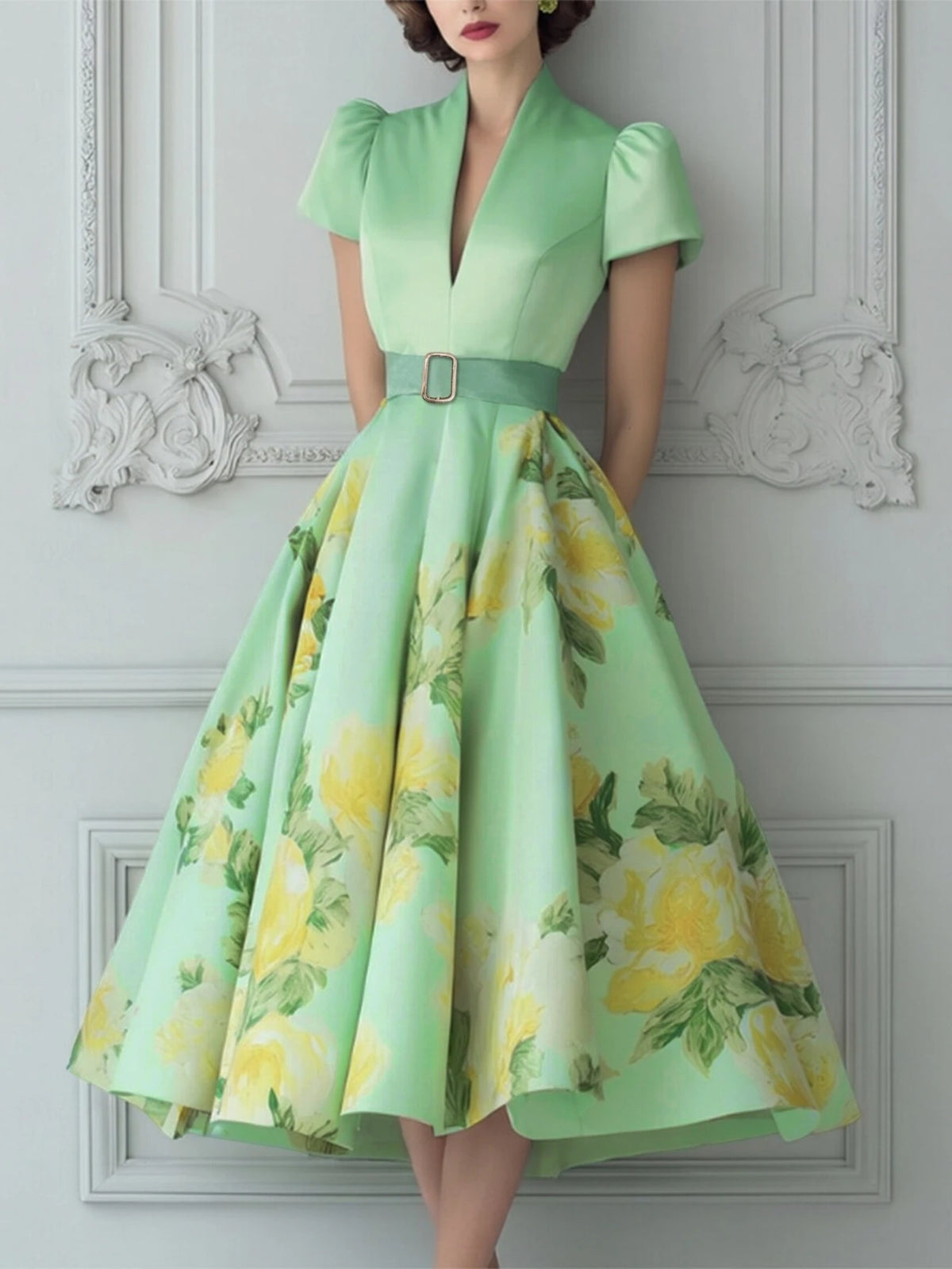 Women Stand Collar Short Puff Sleeve Floral Print Flared Hem Midi Dress Formal Wedding Guest Elegant Swing Dress