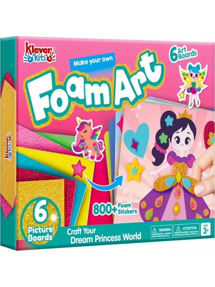 Foam Art Kit for Kids EVA Foam Stickers with 6 Art Board and 800+ Stickers, DIY Arts and Crafts for Boys Girls Age 3+, Unicorns & Princesses Birthday Gifts Travel Toy