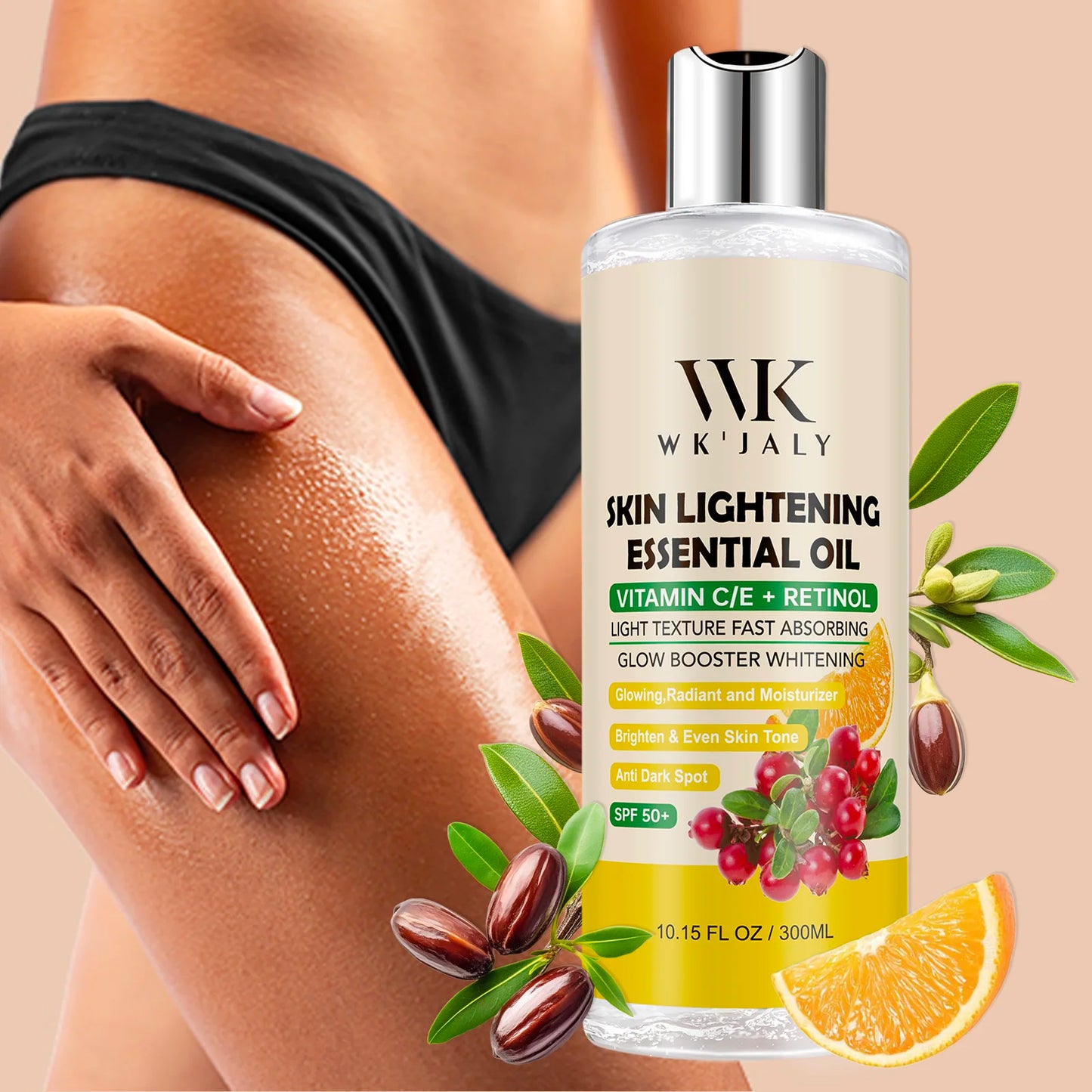 WK JALY Lightening Body Oil, Deeply Moisturizing, Hydration, Smooth Skin, Reduce Spots, Melanin, for Dark, Black, Caramel Skin