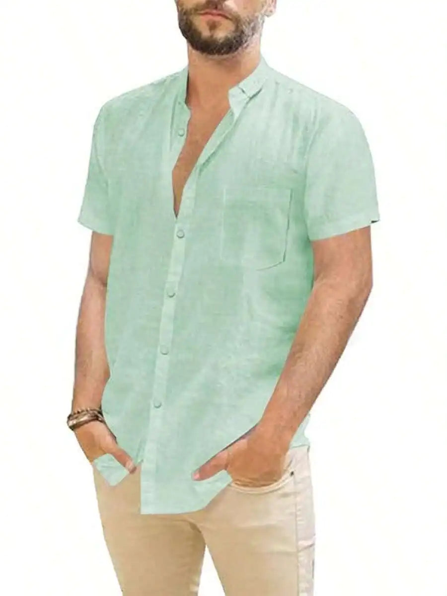 Mens Casual Linen Button Down Short Sleeve Shirt Beach Summer Spread Collar