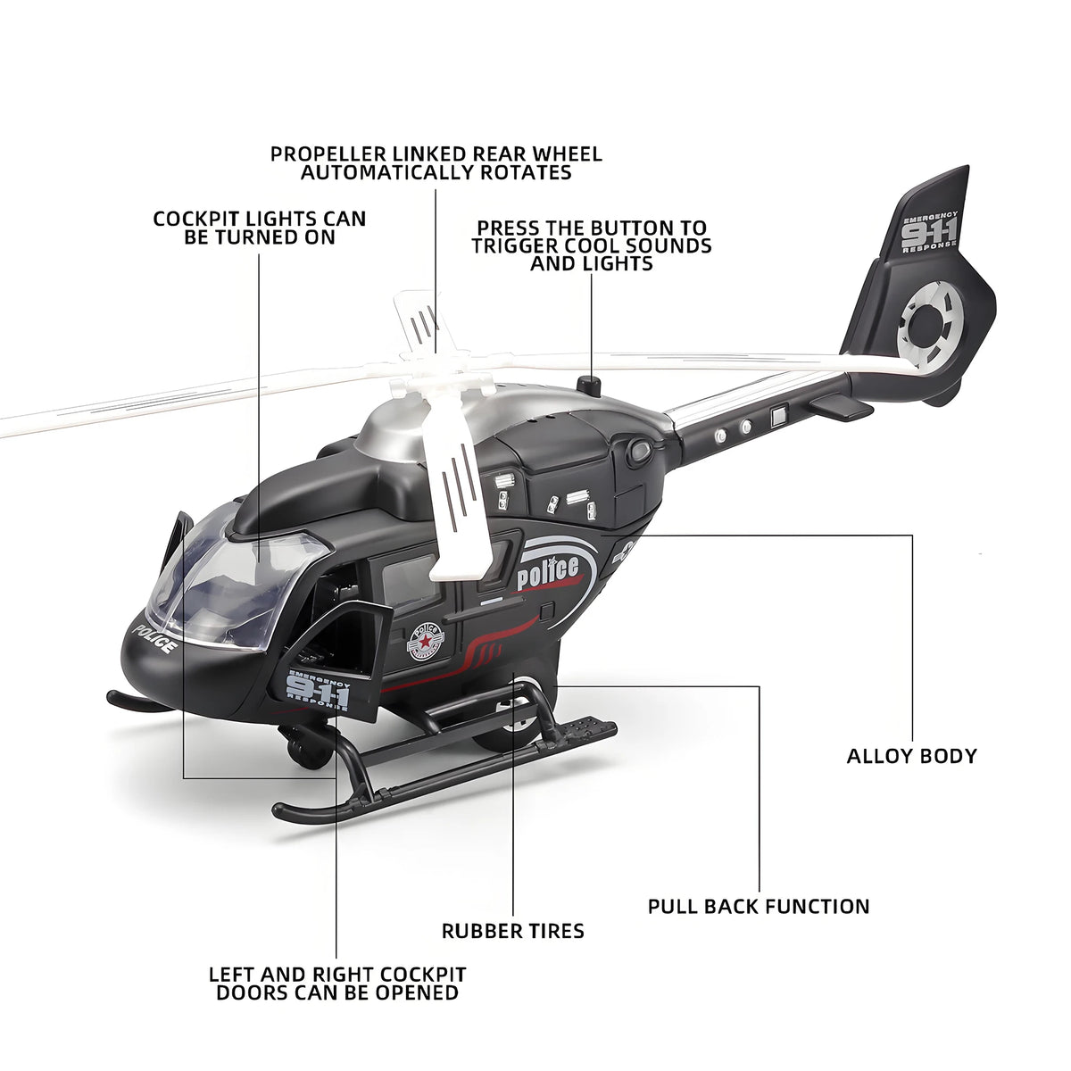 Diecast Military Helicopter Toy with Lights Sound and Rotatable Propeller