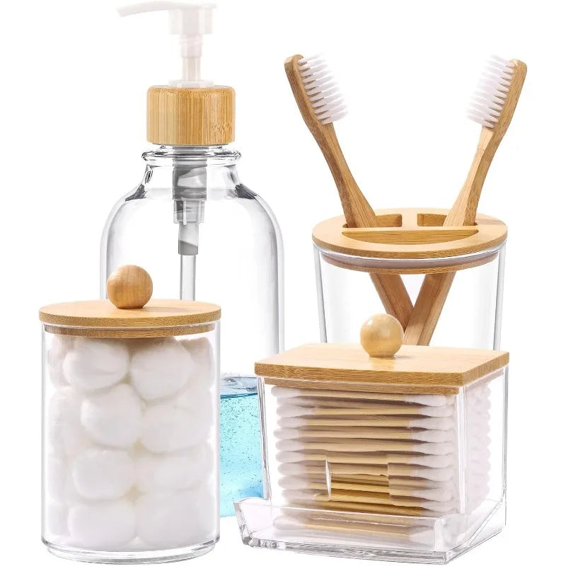 4Pcs Bamboo Bathroom Accessories Set, Clear Toothbrush Holder Plastic Soap Dispenser and 2 Qtip Holder Cotton Swab/Pad/Ball Container Jar