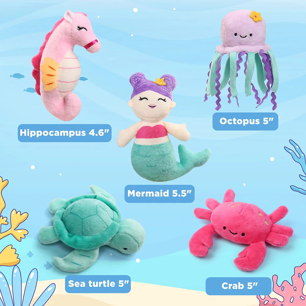 Ocean Stuffed Animal, 5PCS Sea Creature Plush Toys Shell Carrying Bag, Plushies For Baby Kids Girls Christmas Birthday Gifts