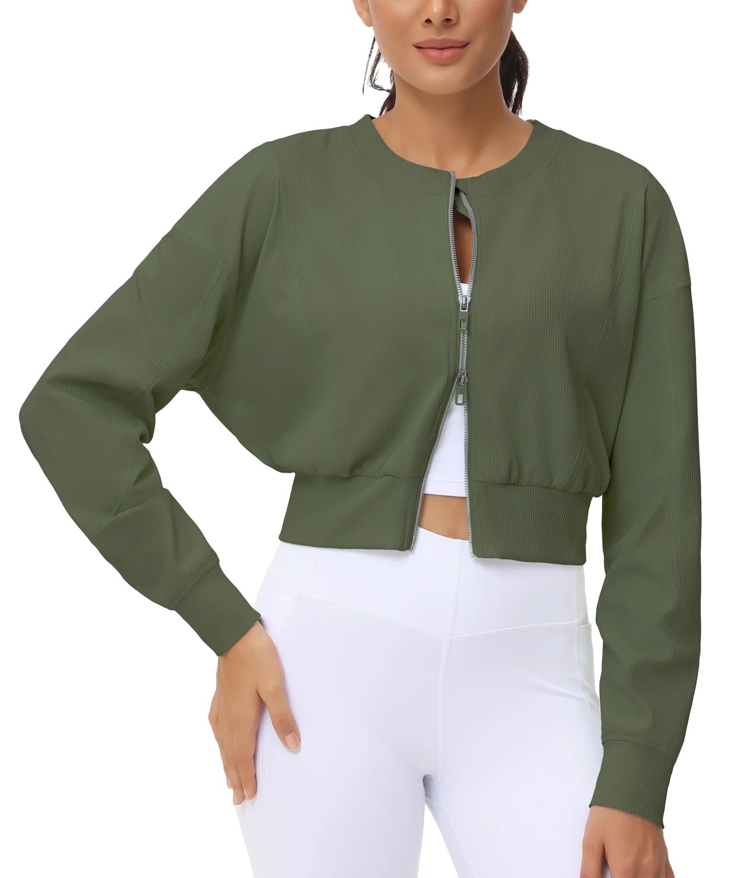 THE GYM PEOPLE Women's Cropped Jackets Full Zip Long Sleeve Ribbed Workout Sweatshirts Lightweight Casual Tops