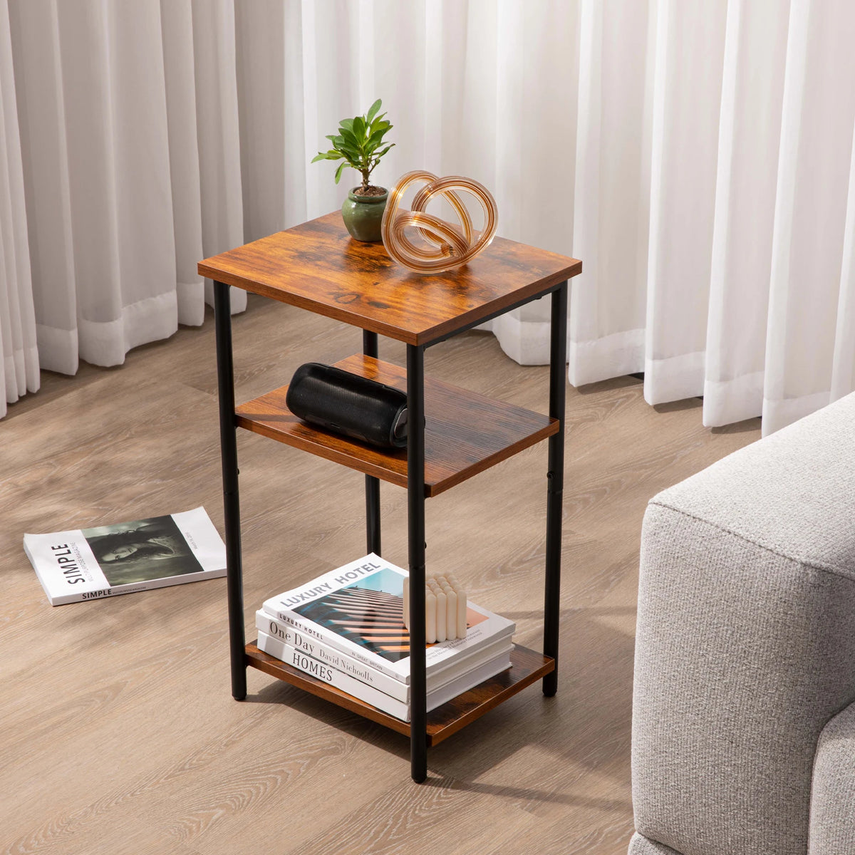 JHK 2/3-Tier End Table Side Tables with Adjustable Feet Small Nightstand Steel Frame Space-Saving for Bedroom Living Room Office