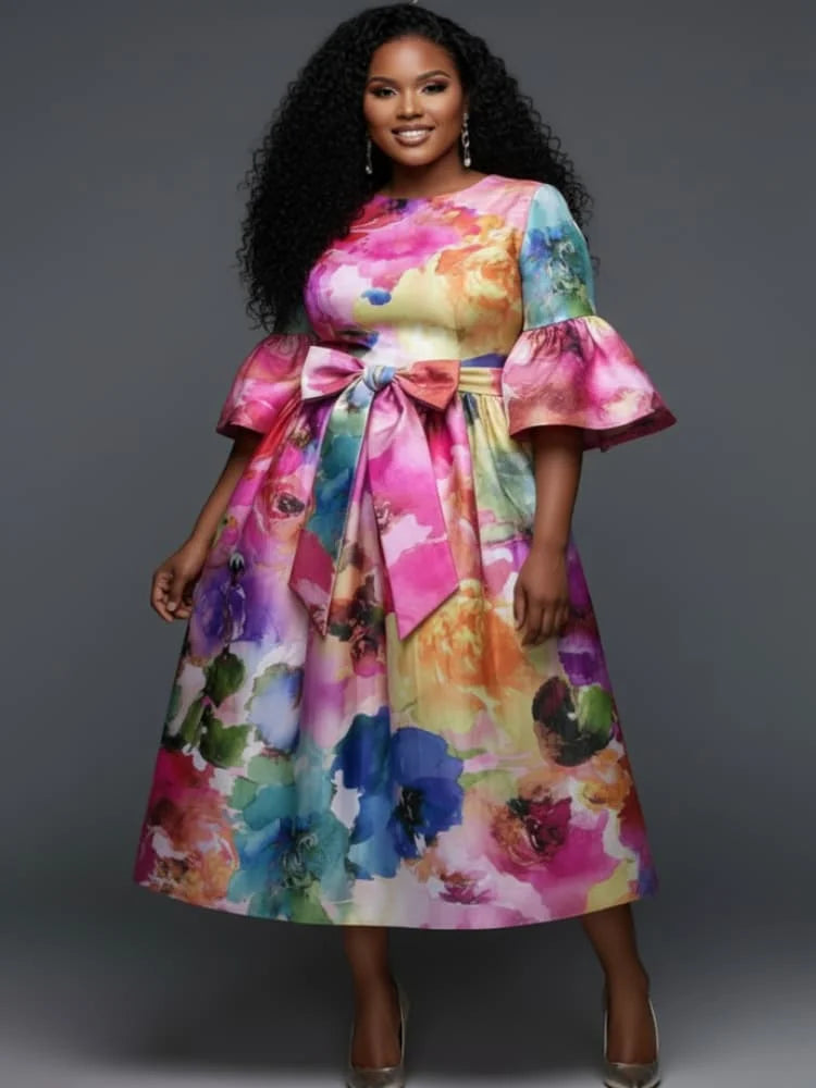 Plus Size Round Neck Flare Sleeve Bow Waist Midi Dress For Women Formal Party Banquet Wedding Guest A Line Swing Dress