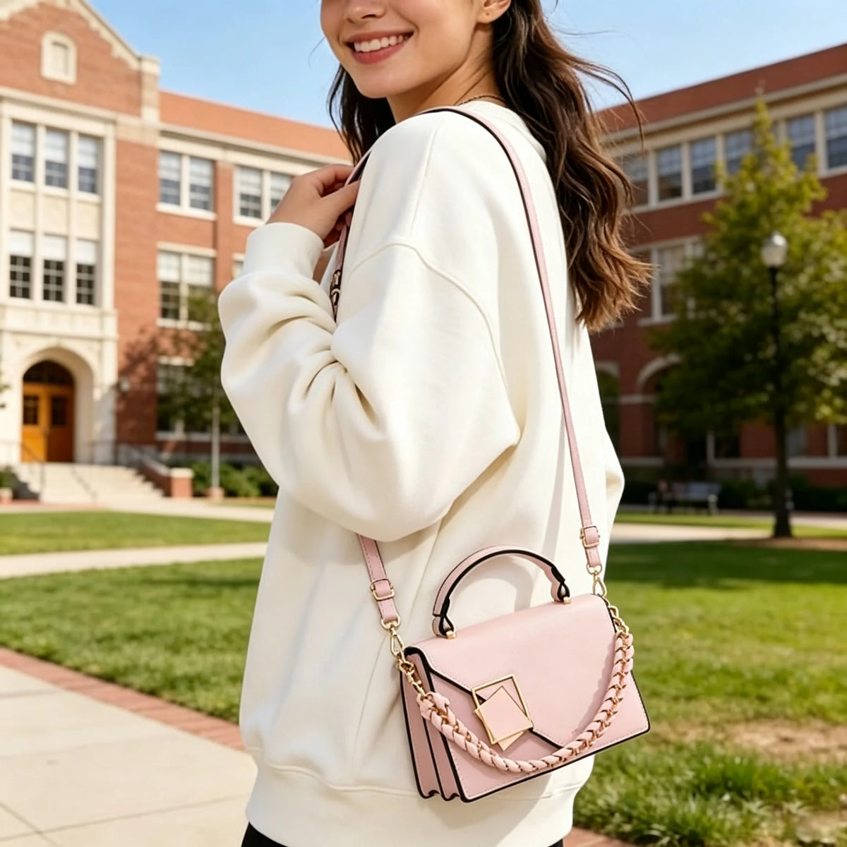Women Small Square Handbag PU Leather Chain Shoulder Crossbody Bag Geometric Metal Lock Flap Top‑Handle Purse For Daily Work Shopping