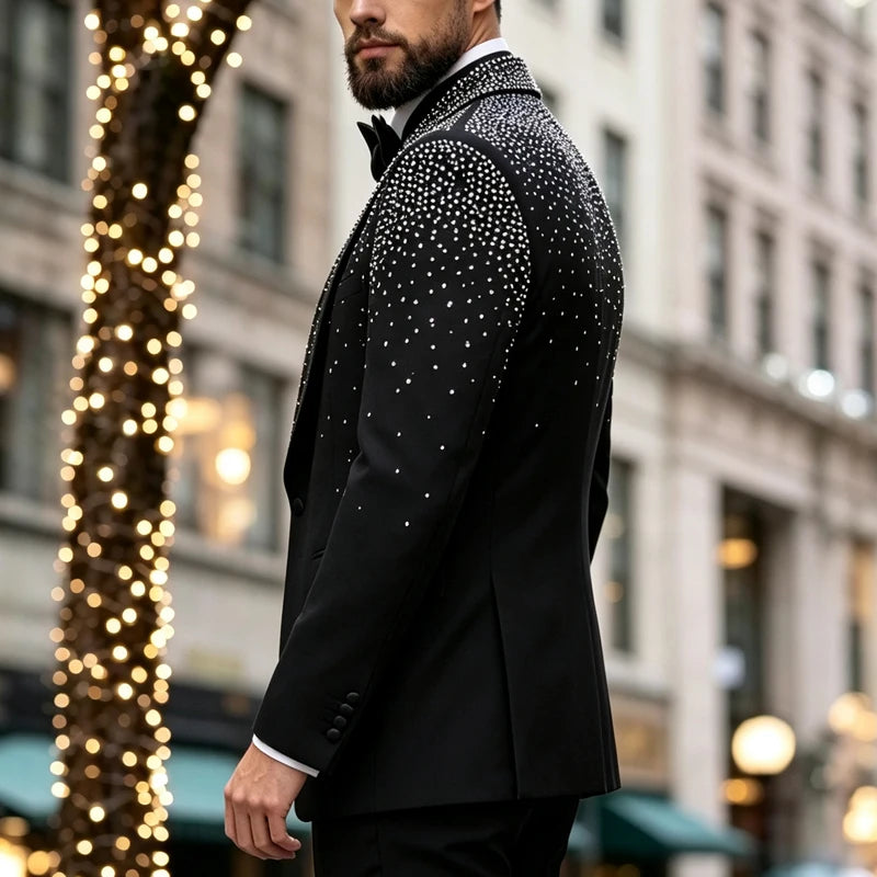 Men's 2-Piece Double-Breasted Shawl Lapel Suit Set - Slim Fit Polyester Silky Wrinkle-Resistant Handmade Tuxedo with Rhinestone Beads, Jacket & Dress Pants for Weddings, Party Wea
