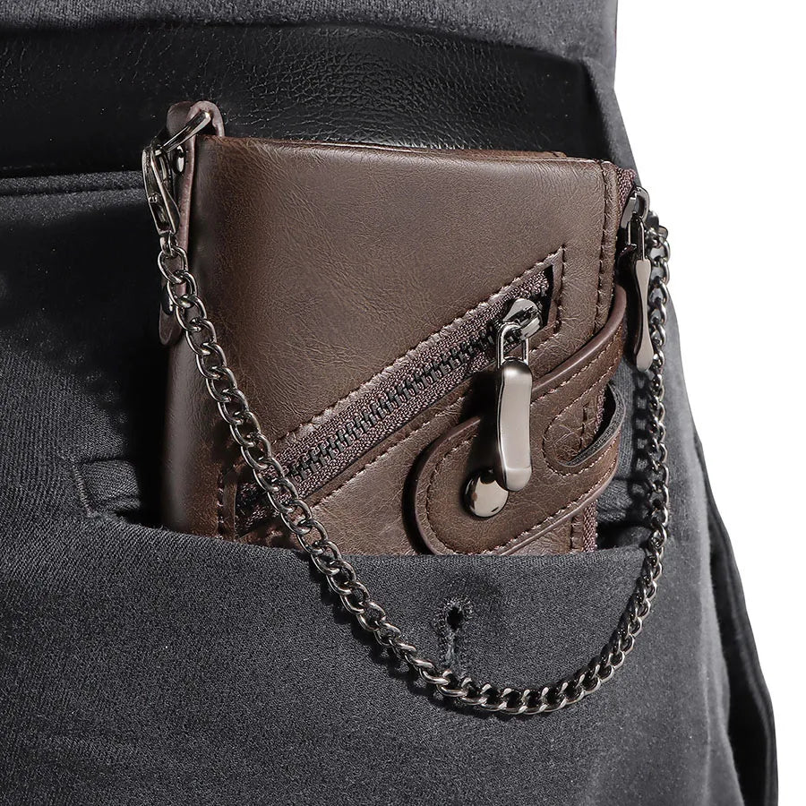 Men's Chain Wallet RFID Anti-Theft Men's Retro Leather Wallet Double Zipper Coin Purse Credit Card Holder for Men and Women