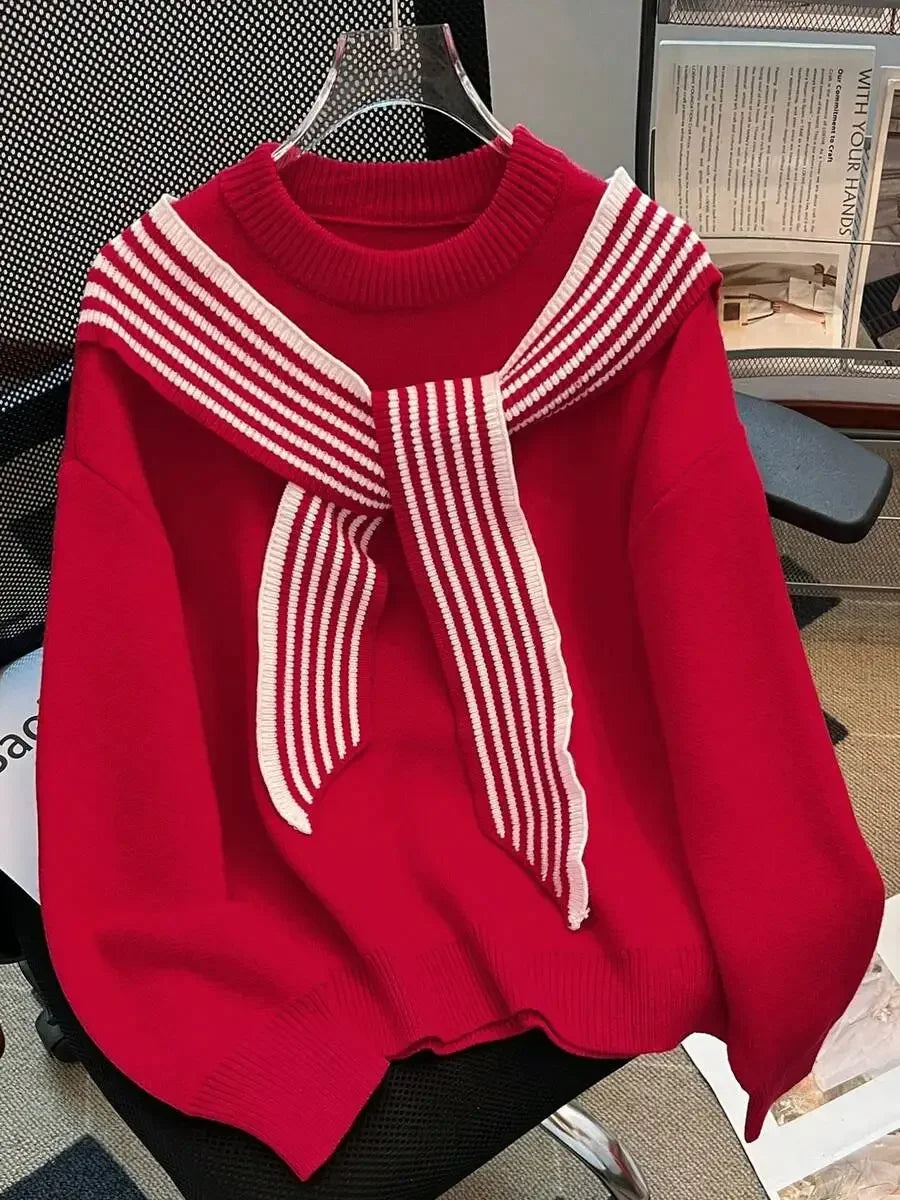 Womens Red Loose Knit Sweater With Striped Scarf Collar Casual Long Sleeve Crew Neck Autumn Winter