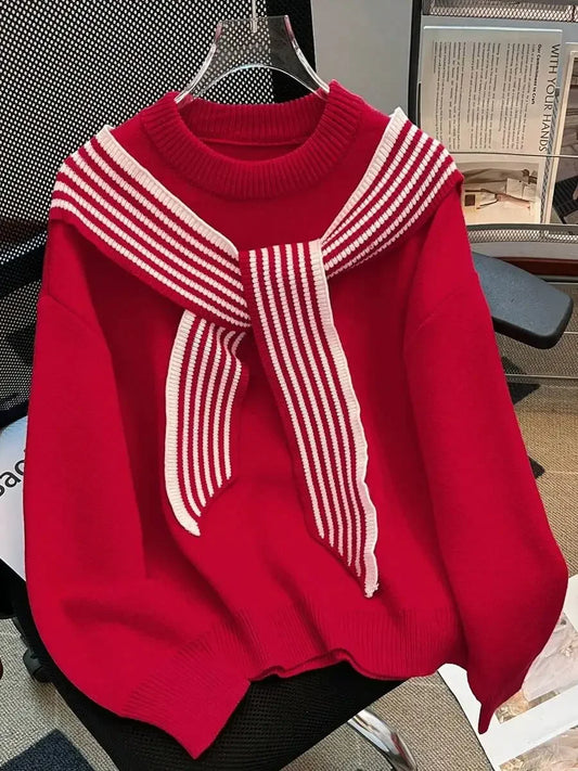 Womens Red Loose Knit Sweater With Striped Scarf Collar Casual Long Sleeve Crew Neck Autumn Winter