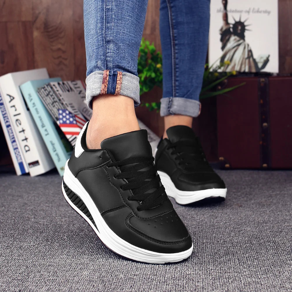 Women Leather Platform Swing Wedge Sneakers Lace Up Non Slip Thick Rocker Bottom Lightweight Walking Shoes Fashion Daily Outdoor Casual Sports Footwear 2026 New Arrival