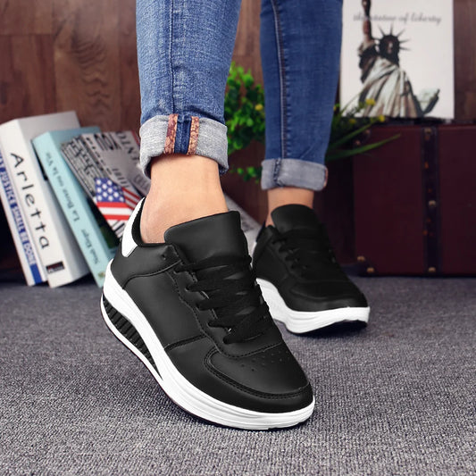 Women Leather Platform Swing Wedge Sneakers Lace Up Non Slip Thick Rocker Bottom Lightweight Walking Shoes Fashion Daily Outdoor Casual Sports Footwear 2026 New Arrival