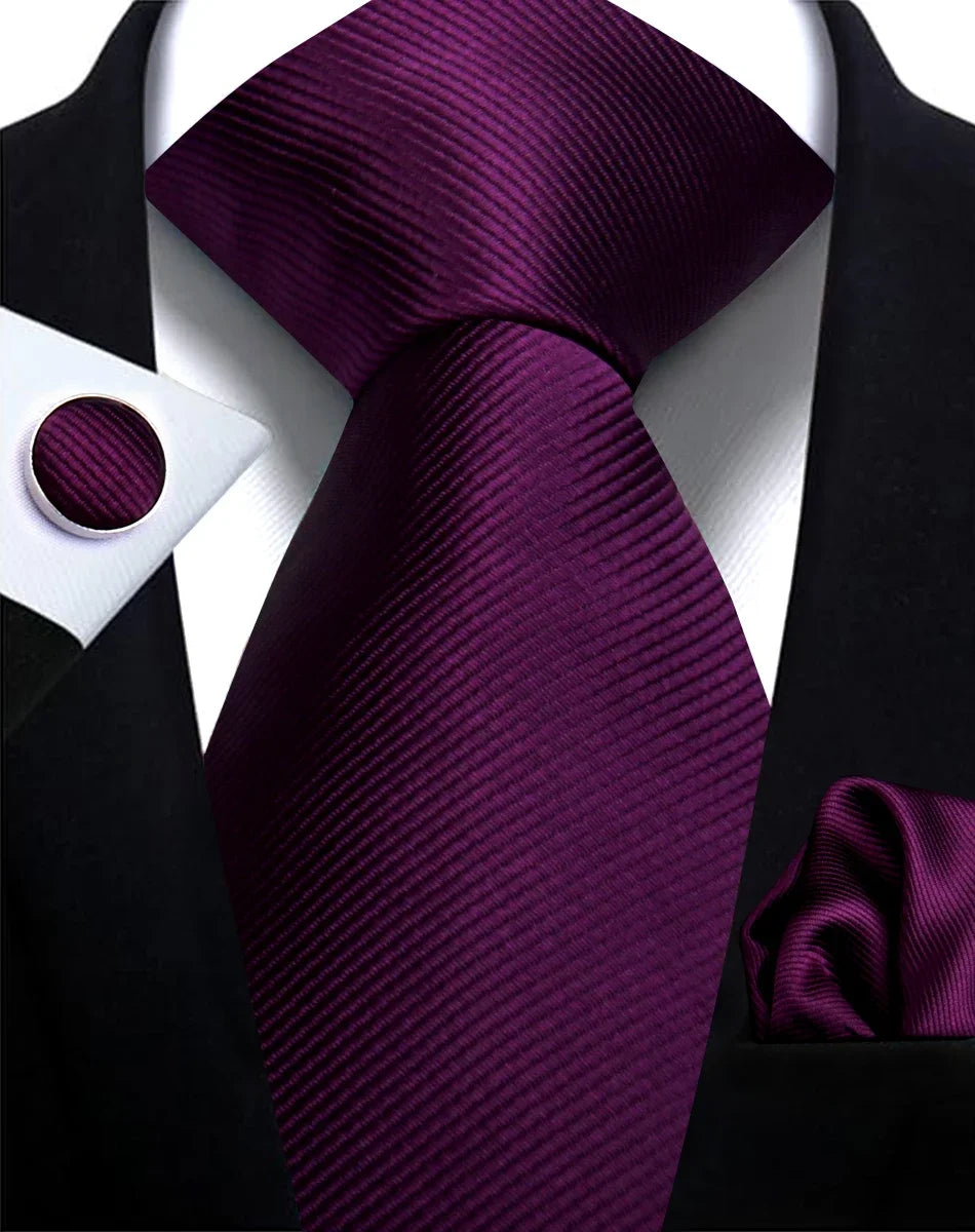 Solid Necktie Set With Handkerchief And Cufflinks For Men