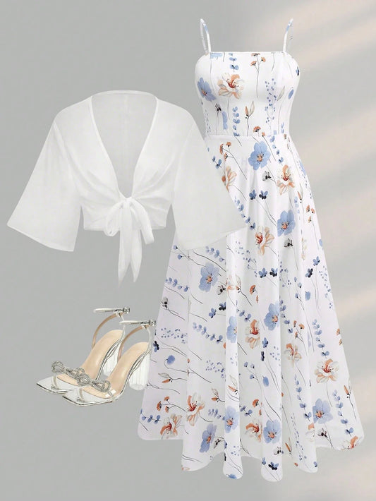 2 Pieces Women's Floral Chiffon Dress Elegant Romantic Date Outfit Spring Summer